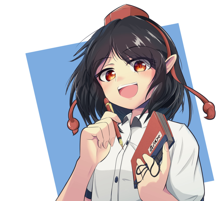 1girl black_hair blush breasts buttons collared_shirt commentary_request eyebrows_visible_through_hair fingernails hansode32 happy hat highres holding holding_notebook holding_pen nib_pen_(object) notebook open_mouth pen pointy_ears puffy_short_sleeves puffy_sleeves red_eyes red_headwear shameimaru_aya shirt short_hair short_sleeves small_breasts tassel teeth tengu tokin_hat touhou two-tone_background upper_body upper_teeth white_shirt