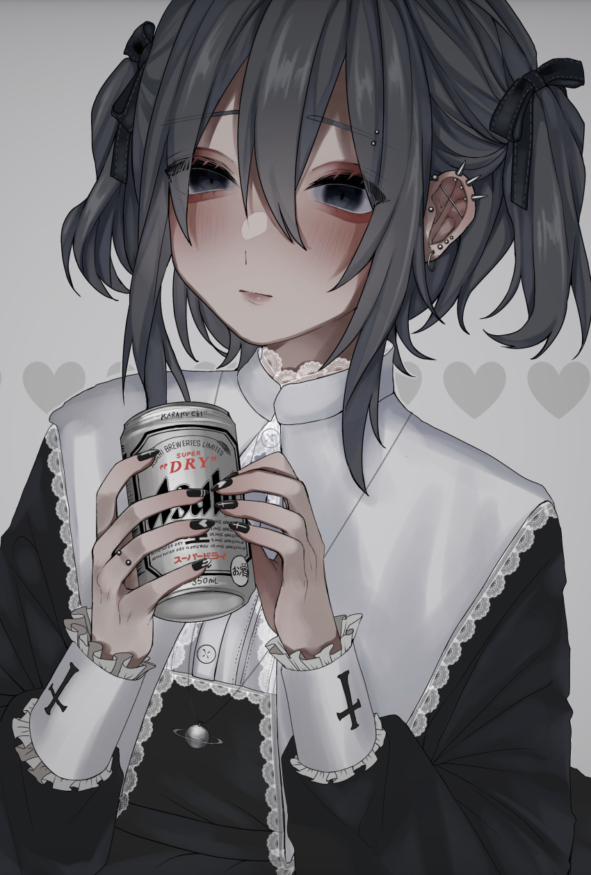 0mdjn0 1girl absurdres alcohol beer black_hair blue_eyes bow can ear_piercing earrings highres jewelry necklace original pale_skin piercing planet ribbon twintails