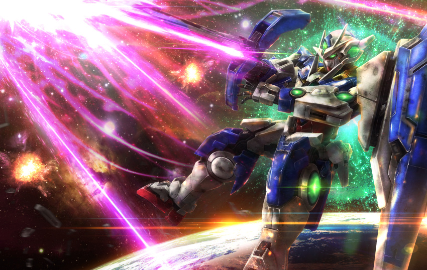 00_qan[t] blade commentary_request flying glowing glowing_eyes green_eyes gundam gundam_00 gundam_00_a_wakening_of_the_trailblazer has_(ranhasu) highres light_particles mecha mobile_suit no_humans science_fiction shield solo sword v-fin weapon