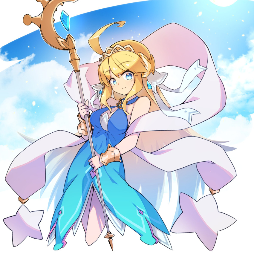 1girl ahoge bangs bare_shoulders blonde_hair blue_eyes breasts brooch cleavage_cutout closed_mouth clothing_cutout dragalia_lost gom_gom666 highres holding holding_staff jewelry large_breasts long_hair looking_at_viewer sky staff tiara very_long_hair zethia