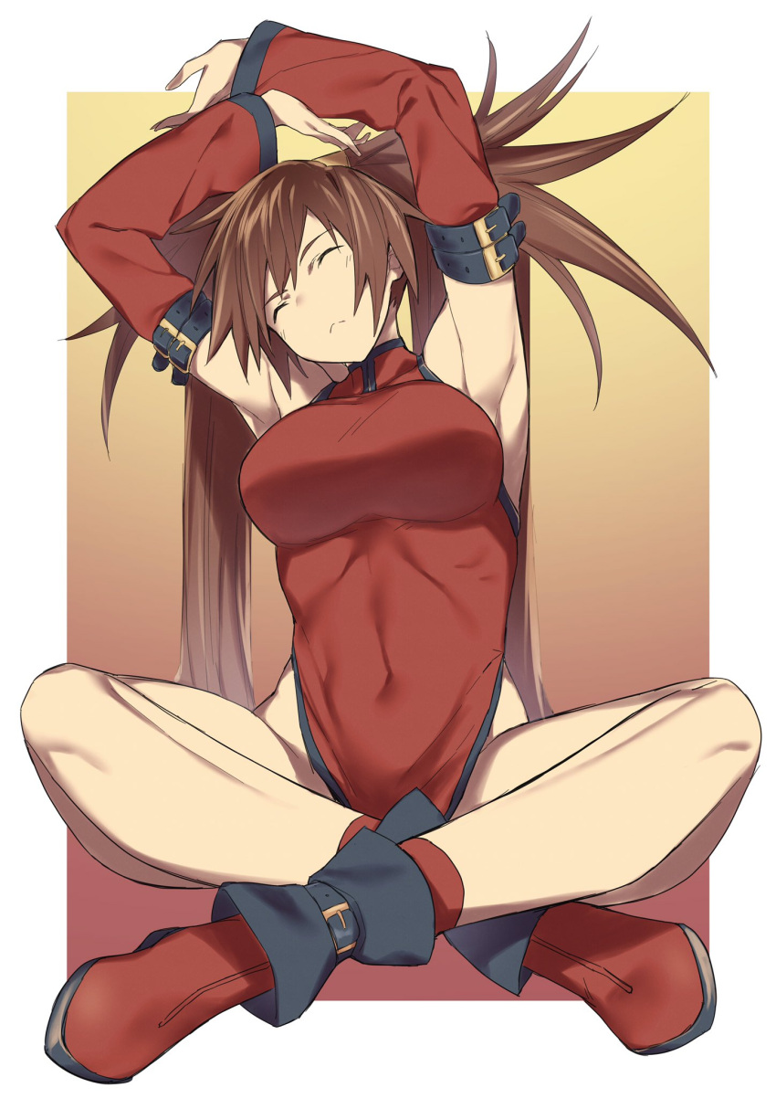 1girl arms_up bangs boots breasts brown_hair china_dress chinese_clothes closed_eyes closed_mouth commentary_request covered_navel detached_sleeves dress frown full_body guilty_gear hair_ornament hair_ring highres impossible_clothes indian_style kuma_(jk0073) kuradoberi_jam long_hair medium_breasts sitting solo stretch twintails very_long_hair wide_sleeves