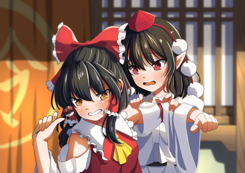 2girls amanoyayuki ascot bangs bare_shoulders black_hair blush bow brown_eyes brown_hair collared_shirt collared_vest commentary_request dango food frilled frilled_bow frills hair_bow hair_tubes hakurei_reimu hat highres holding_another's_arm long_sleeves multiple_girls open_mouth pointy_ears pom_pom_(clothes) puffy_short_sleeves puffy_sleeves red_bow red_eyes red_headwear red_ribbon red_vest ribbon shameimaru_aya shirt short_hair short_sleeves sidelocks tokin_hat touhou vest wagashi wavy_mouth white_shirt white_sleeves wide_sleeves yellow_ascot