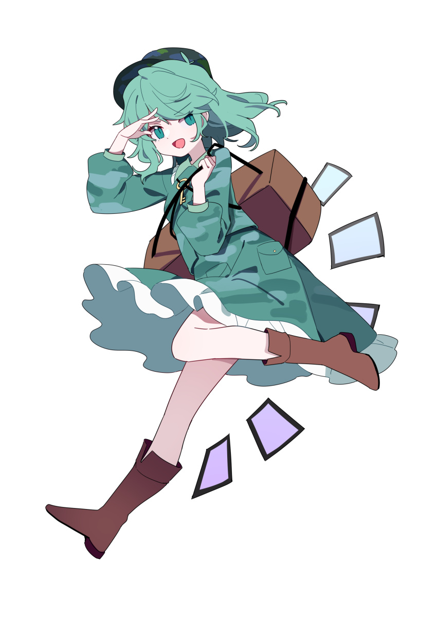 1girl absurdres backpack bag blue_headwear boots breasts brown_footwear camouflage camouflage_headwear camouflage_jacket camouflage_print camouflage_shirt camouflage_skirt card flat_cap full_body gesture gla green_eyes green_hair hat highres jacket kappa key key_necklace medium_hair shirt short_hair simple_background skirt skirt_set small_breasts touhou white_background yamashiro_takane