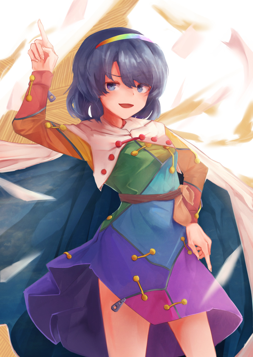 1girl blue_cape blue_eyes blue_hair cape dress highres long_sleeves multicolored_clothes multicolored_dress multicolored_hairband patchwork_clothes pointing pointing_down pointing_up rainbow_gradient short_hair taguno tenkyuu_chimata touhou two-sided_cape two-sided_fabric two-tone_cape white_cape zipper zipper_pull_tab