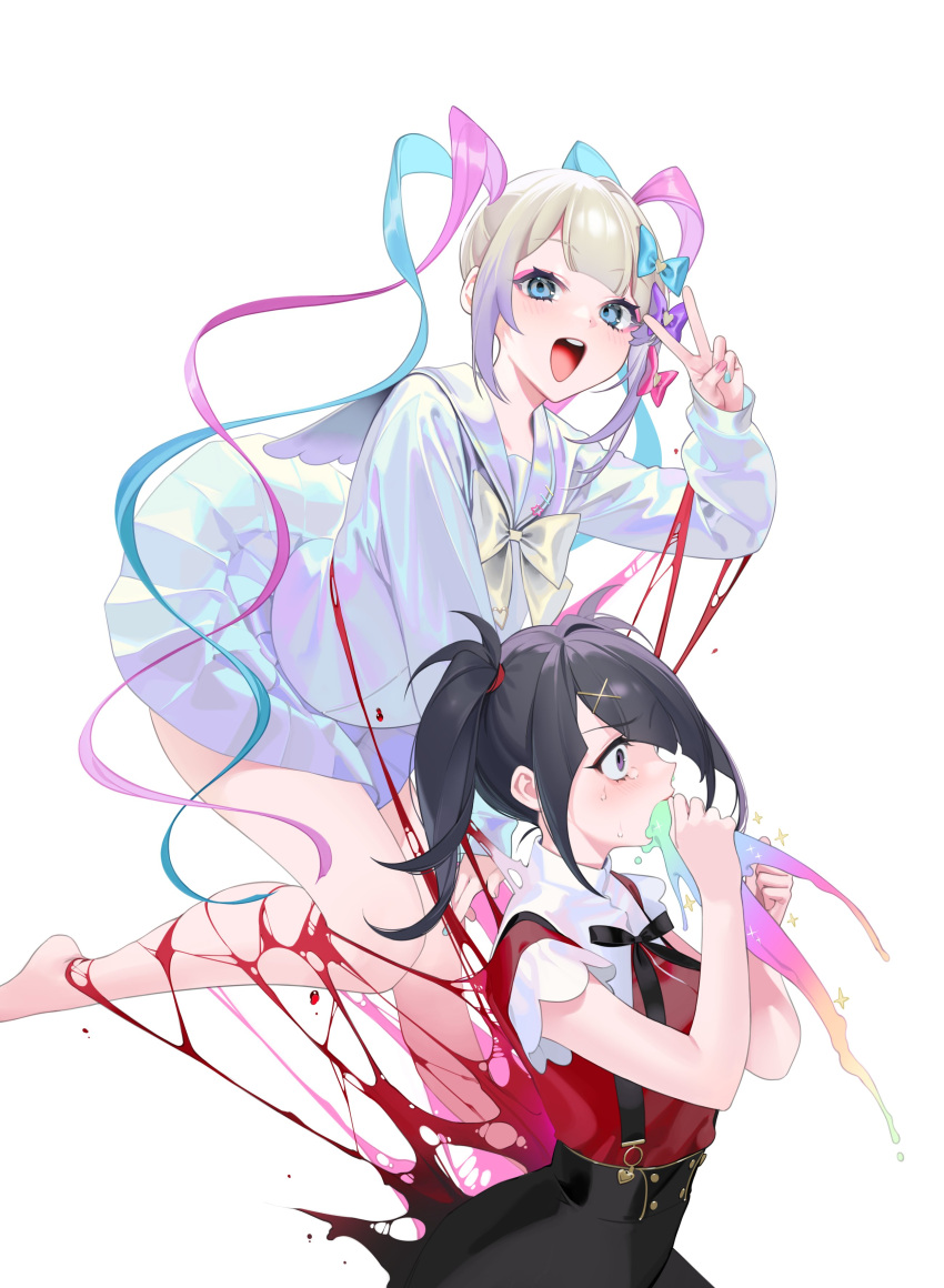 2girls ;d absurdres ame-chan_(needy_girl_overdose) barefoot black_hair black_ribbon blood blue_eyes blue_hair blush bow collared_shirt commentary cross_hair_ornament ears eyebrows_visible_through_hair eyeshadow from_side hair_ornament highres holographic_clothing iridescent long_hair long_sleeves makeup multicolored_hair multicolored_nails multiple_girls nail_polish neck_ribbon needy_girl_overdose ohisashiburi omgkawaiiangel-chan one_eye_closed open_mouth pastel_colors pink_eyeshadow pink_hair ribbon sailor_collar shirt short_sleeves simple_background skirt smile star_(symbol) suspender_skirt suspenders tears teeth twintails vomiting_rainbows