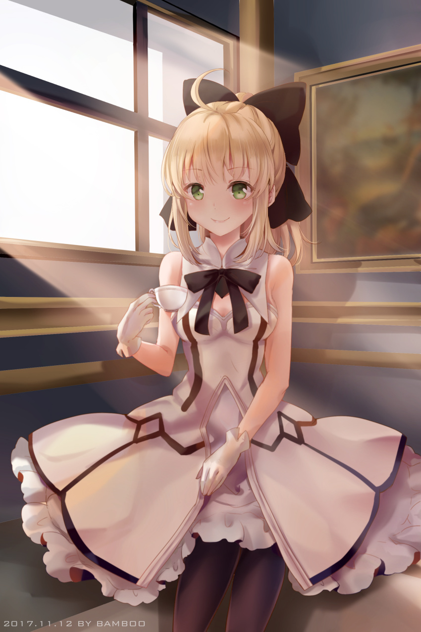1girl artoria_pendragon_(all) bamboo_(bamboo_2021) black_bow blonde_hair bow breastplate dress eyebrows_visible_through_hair fate/grand_order fate/unlimited_codes fate_(series) faulds floating_hair gauntlets green_eyes hair_between_eyes hair_bow hands_on_hilt highres long_hair looking_at_viewer outdoors petals ponytail saber_lily signature sleeveless sleeveless_dress solo standing white_dress