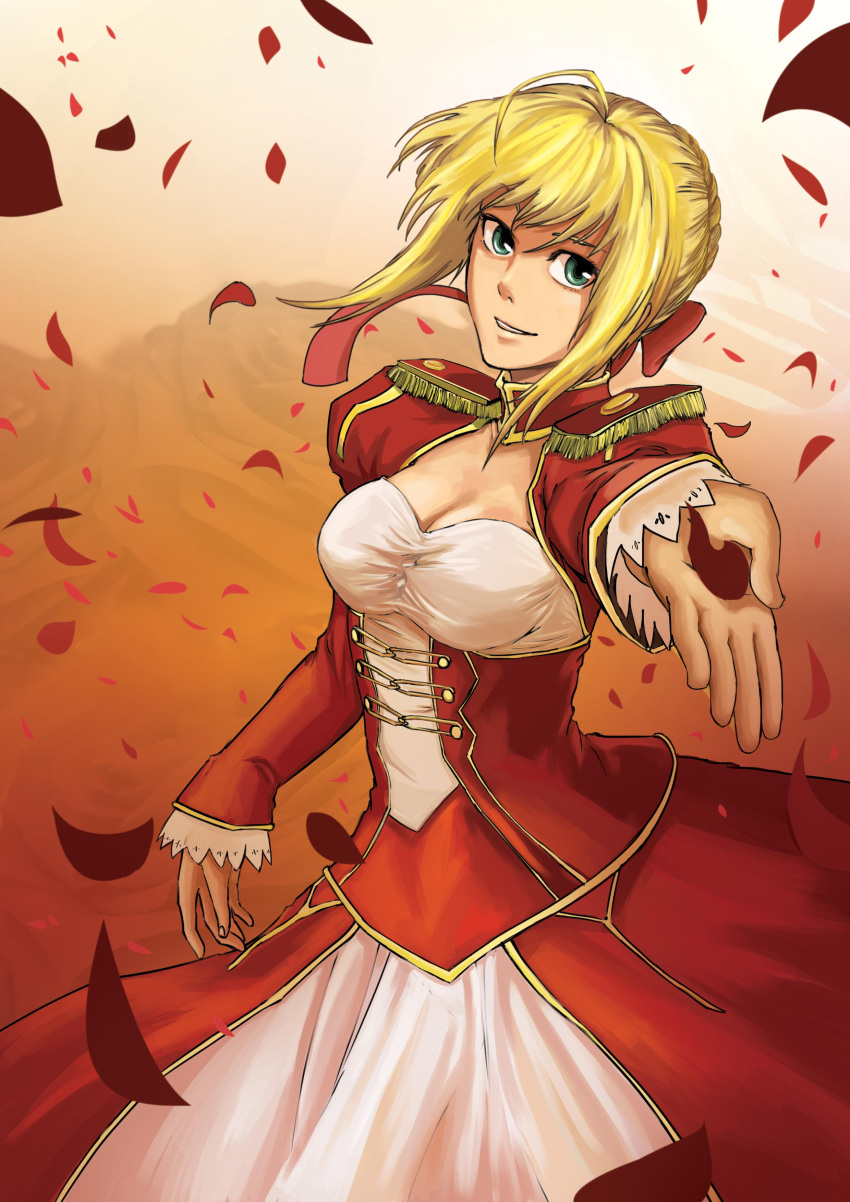 1girl ahoge blonde_hair braid breasts cleavage commentary_request dress epaulettes fate/extra fate/grand_order fate_(series) french_braid green_eyes hair_intakes hair_ribbon jkl juliet_sleeves large_breasts long_sleeves nero_claudius_(fate) nero_claudius_(fate)_(all) puffy_sleeves red_dress red_ribbon ribbon saber_extra see-through solo wide_sleeves