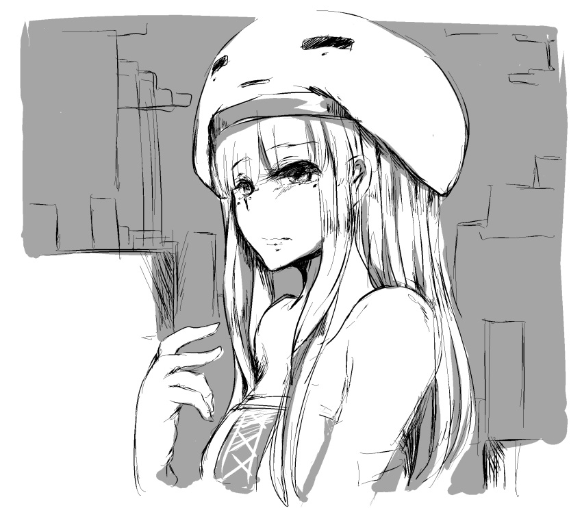 1girl at2. bangs blunt_bangs breasts dress eyebrows_visible_through_hair ghast gloves greyscale highres large_breasts long_hair looking_at_viewer minecraft mole mole_under_eye monochrome personification sketch upper_body