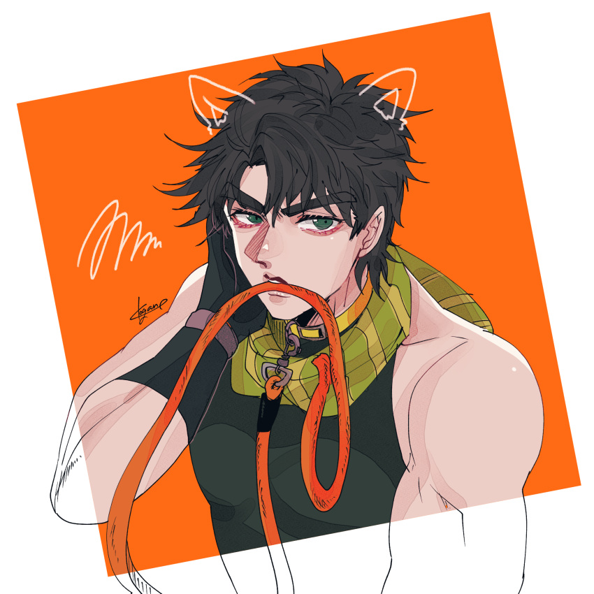 1boy animal_ears black_hair dog_ears fingerless_gloves gloves green_eyes green_scaf hand_on_own_cheek hand_on_own_face highres holding holding_leash jojo_no_kimyou_na_bouken joseph_joestar joseph_joestar_(young) kogatarou leash mouth_hold partially_colored scarf solo striped striped_scarf transparent