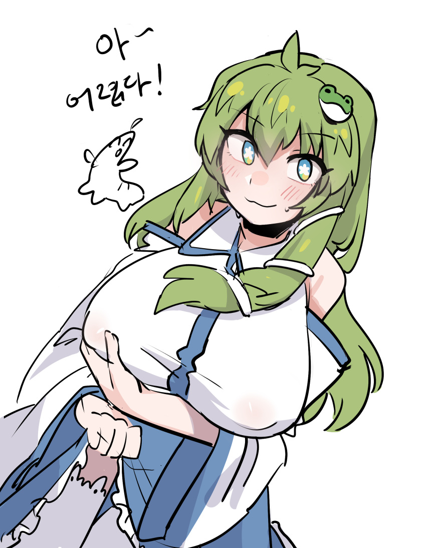 1girl :3 absurdres animal_hair_ornament antenna_hair bangs blue_eyes blue_skirt breast_grab breasts bright_pupils closed_mouth clothes_lift covered_nipples detached_sleeves eyebrows_visible_through_hair frog_hair_ornament grabbing grabbing_own_breast green_hair hair_between_eyes hair_ornament highres kochiya_sanae korean_text large_breasts lifted_by_self long_hair long_sleeves looking_at_viewer nyong_nyong simple_background skirt skirt_lift solo star-shaped_pupils star_(symbol) symbol-shaped_pupils thigh-highs touhou translation_request white_background white_pupils white_sleeves wide_sleeves