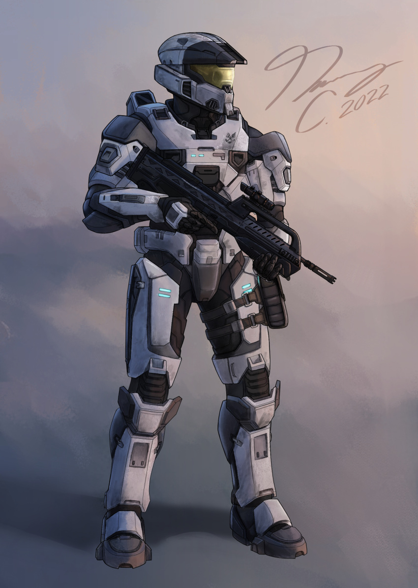 1boy 2022 absurdres battle_rifle br55 bullpup english_commentary gun halo_(series) halo_infinite highres holding holding_gun holding_weapon looking_to_the_side male_focus pickledgear power_armor rifle science_fiction signature solo spartan_(halo) standing visor weapon