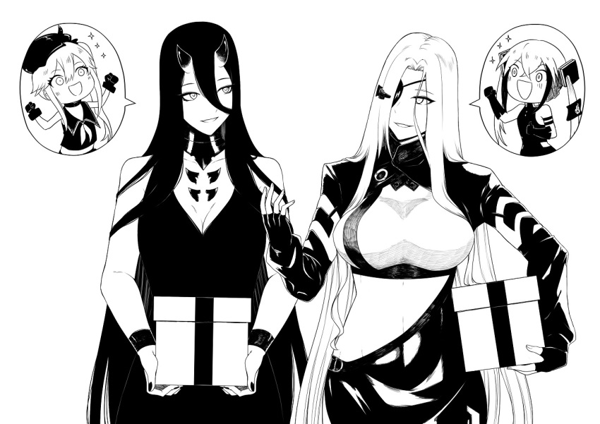 4girls alchemist_(girls'_frontline) bangs bare_shoulders battleship_princess black_hair blush box breasts closed_mouth commission crossover destroyer_(girls'_frontline) destroyer_princess dress eyepatch gift gift_box girls_frontline horns kantai_collection large_breasts long_dress long_hair monochrome multiple_girls oni_horns open_mouth reizo_ne smile sparkle trait_connection very_long_hair white_hair