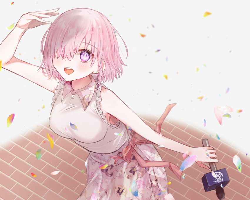 1girl :d arm_up blush breasts collared_shirt fate/grand_order fate_(series) floral_print hair_over_one_eye harukappa holding holding_microphone looking_up mash_kyrielight medium_breasts microphone pink_hair print_skirt shiny shiny_hair shirt short_hair skirt sleeveless sleeveless_shirt smile solo standing striped striped_skirt vertical-striped_skirt vertical_stripes violet_eyes white_shirt white_skirt wing_collar
