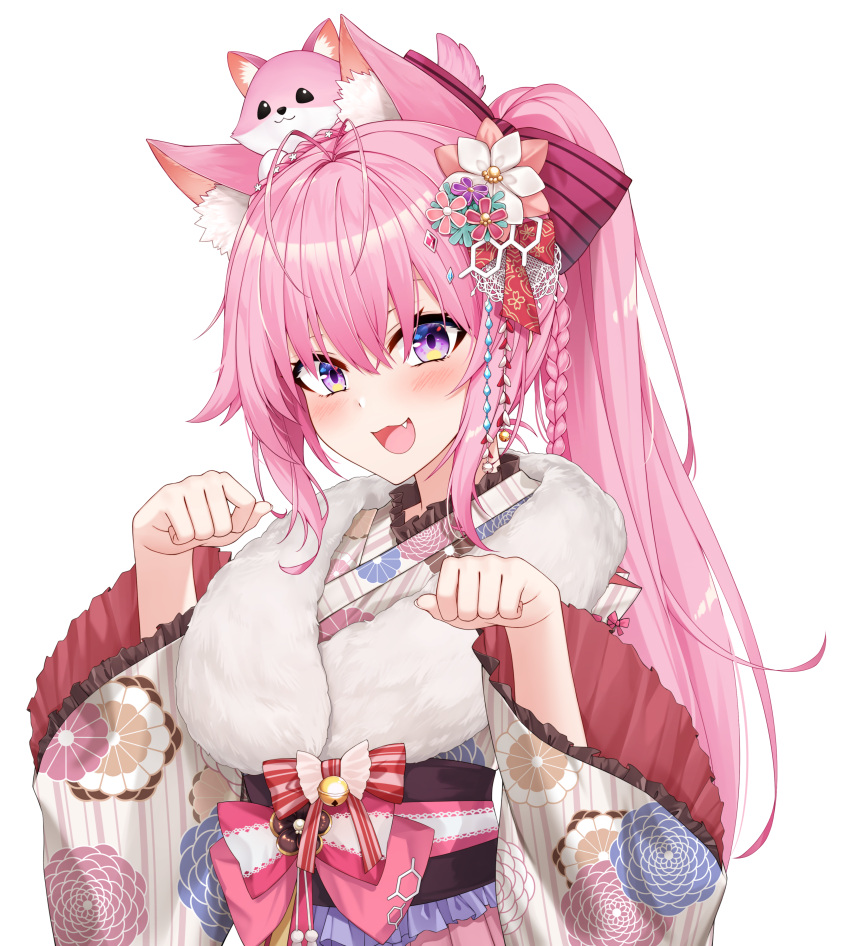 1girl :3 :d absurdres animal_ear_fluff animal_ears animal_on_head bangs blush braid commentary coyote_ears crown_braid fang flower frilled_sleeves frills fur_collar hair_between_eyes hair_flower hair_ornament hakui_koyori healther highres hololive japanese_clothes kimono long_hair looking_at_viewer new_year obi on_head open_mouth paw_pose petals pink_hair ponytail sash simple_background smile solo teeth upper_teeth violet_eyes virtual_youtuber white_background wide_sleeves
