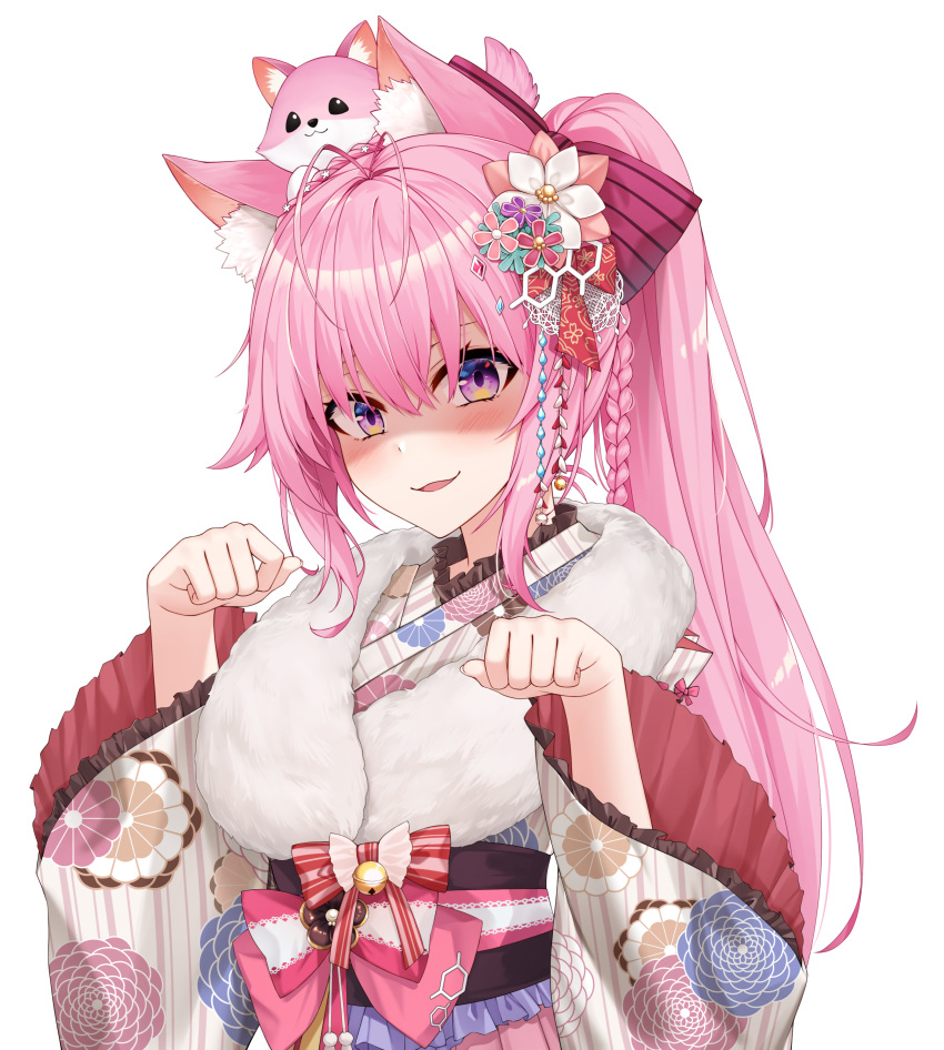 1girl :3 absurdres animal_ear_fluff animal_ears animal_on_head bangs blush braid commentary coyote_ears crown_braid fang flower frilled_sleeves frills fur_collar hair_between_eyes hair_flower hair_ornament hakui_koyori healther highres hololive japanese_clothes kimono long_hair looking_at_viewer new_year obi on_head parted_lips paw_pose petals pink_hair ponytail sash shaded_face simple_background smile solo teeth upper_teeth violet_eyes virtual_youtuber white_background wide_sleeves