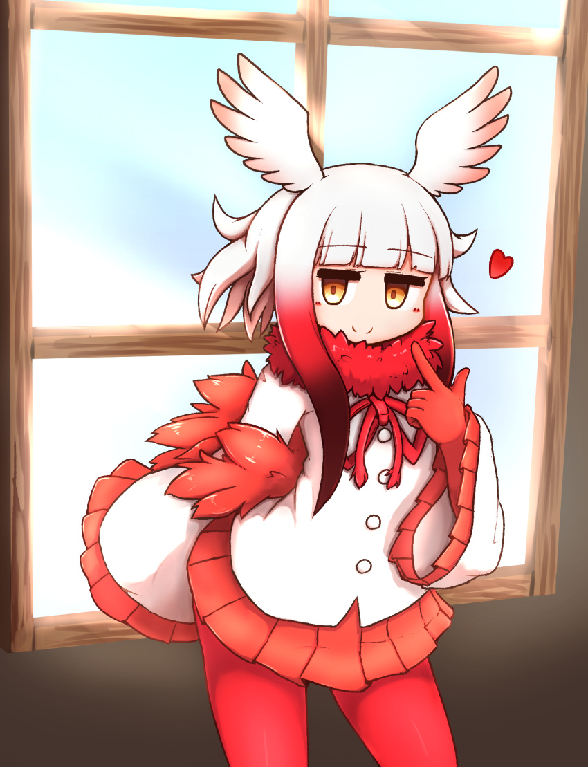 1girl aticotta bangs blunt_bangs blush brown_eyes closed_mouth eyebrows_visible_through_hair gloves head_wings highres index_finger_raised japanese_crested_ibis_(kemono_friends) kemono_friends long_sleeves looking_at_viewer medium_hair pantyhose pleated_skirt pointing pointing_at_self red_gloves red_legwear red_skirt redhead sidelocks skirt smile solo white_hair