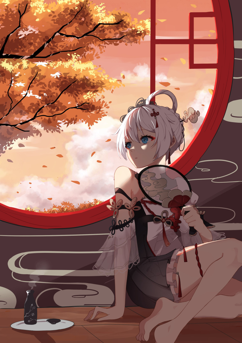 1girl absurdres alcohol bangs bare_shoulders barefoot blue_eyes braid braided_ponytail chinese_clothes closed_mouth clouds cloudy_sky cup drinking_glass hair_between_eyes hair_ornament hand_fan highres holding holding_fan honkai_(series) honkai_impact_3rd indoors leaf mush_(mushlicious) on_floor petals plate sitting sky sleeveless soles solo sunset theresa_apocalypse theresa_apocalypse_(starlit_astrologos) toes tree white_hair window wine wine_glass zhuge_kongming_(honkai_impact)