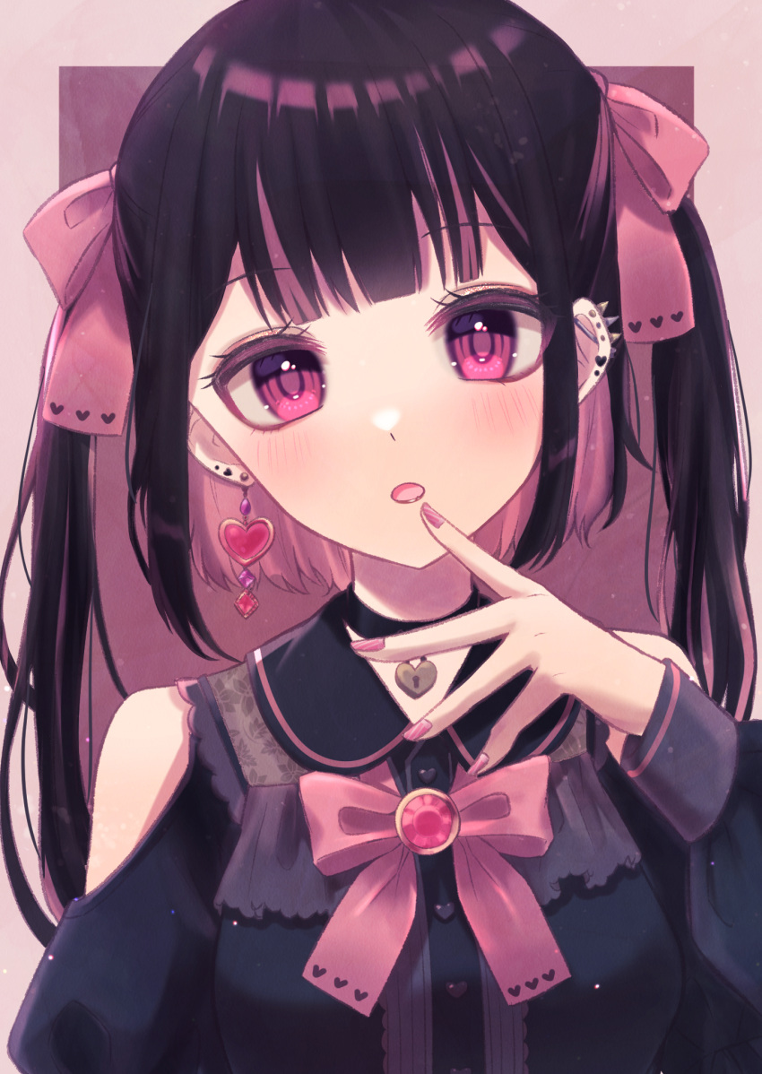 1girl black_hair bow choker colored_inner_hair ear_piercing earrings finger_to_mouth head_tilt heart highres jewelry junineu locket multicolored_hair nail_polish necklace original pale_skin pendant piercing pink_eyes pink_theme ribbon twintails