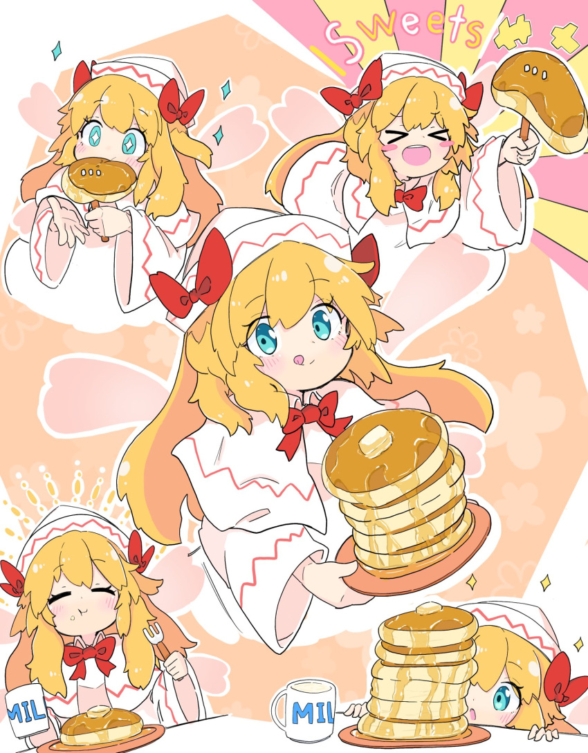 &gt;_&lt; 1girl blonde_hair blue_eyes blush blush_stickers capelet closed_eyes closed_mouth cup dress eyebrows_visible_through_hair fairy fairy_wings food fork hair_between_eyes hat highres holding holding_fork lily_white long_hair long_sleeves multiple_views open_mouth pancake smile tatutaniyuuto teeth tongue tongue_out touhou upper_teeth white_capelet white_dress white_headwear wings