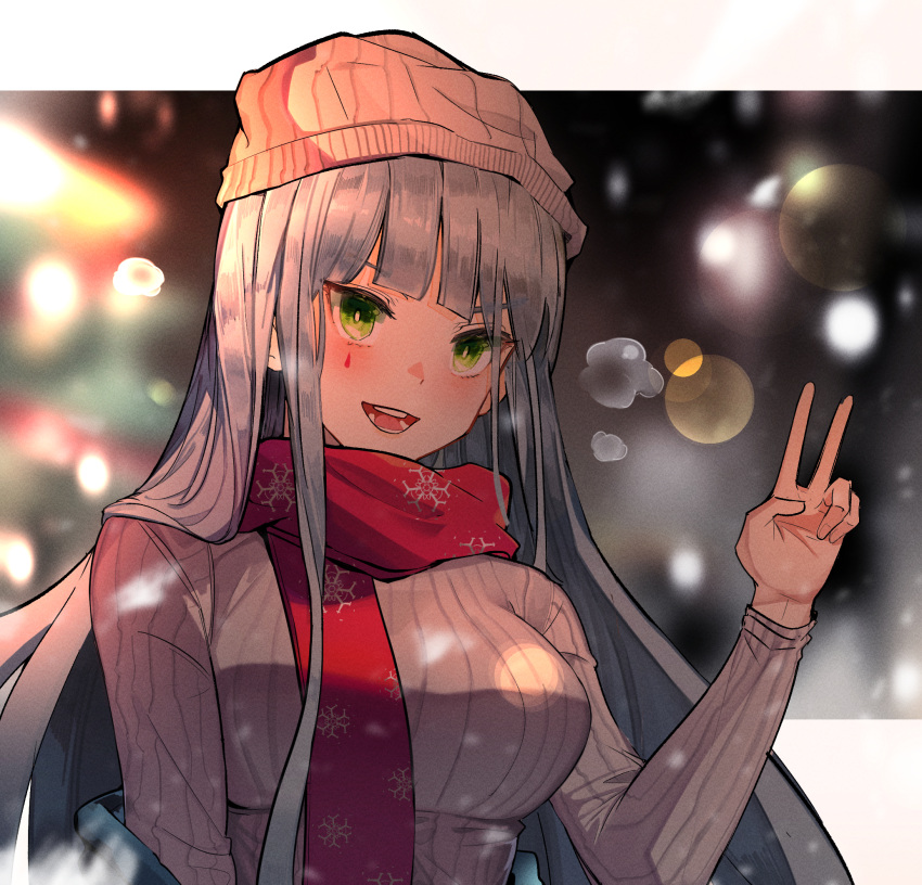 1girl alternate_costume arm_up bangs blue_hair blush breasts christmas cizzi eyebrows_visible_through_hair girls_frontline green_eyes highres hk416_(girls'_frontline) long_hair looking_at_viewer medium_breasts merry_christmas open_mouth red_scarf scarf simple_background smile solo sweater teardrop_facial_mark teardrop_tattoo teeth upper_body upper_teeth v white_headwear white_sweater