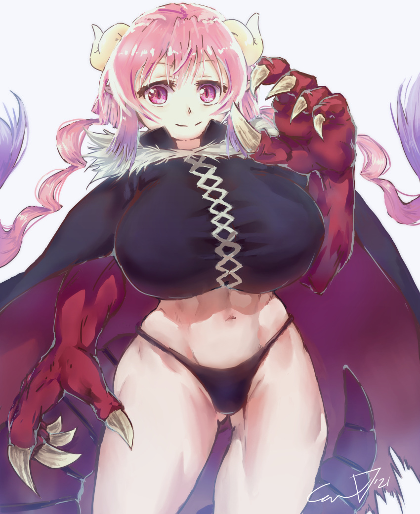 1girl absurdres arm_up black_cape black_panties breasts cape cowboy_shot dragon_claw dragon_girl dragon_horns dragon_tail ethan_wylie highres horns huge_breasts ilulu_(maidragon) kobayashi-san_chi_no_maidragon long_hair low_twintails midriff navel panties pink_hair shadow signature simple_background solo tail twintails underwear very_long_hair violet_eyes white_background
