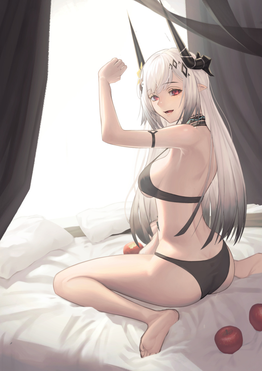 1girl :d apple arknights arm_up armlet armpits ass bare_legs barefoot bed_sheet bikini black_bikini breasts eyebrows_visible_through_hair flower food from_side fruit gradient_hair hair_flower hair_ornament highres horns large_breasts light long_hair looking_at_viewer looking_to_the_side mudrock_(arknights) multicolored_hair official_alternate_costume on_bed open_mouth pillow pointy_ears red_eyes shy_(shy_06) sideboob simple_background smile solo strap_gap swimsuit very_long_hair white_background yellow_flower