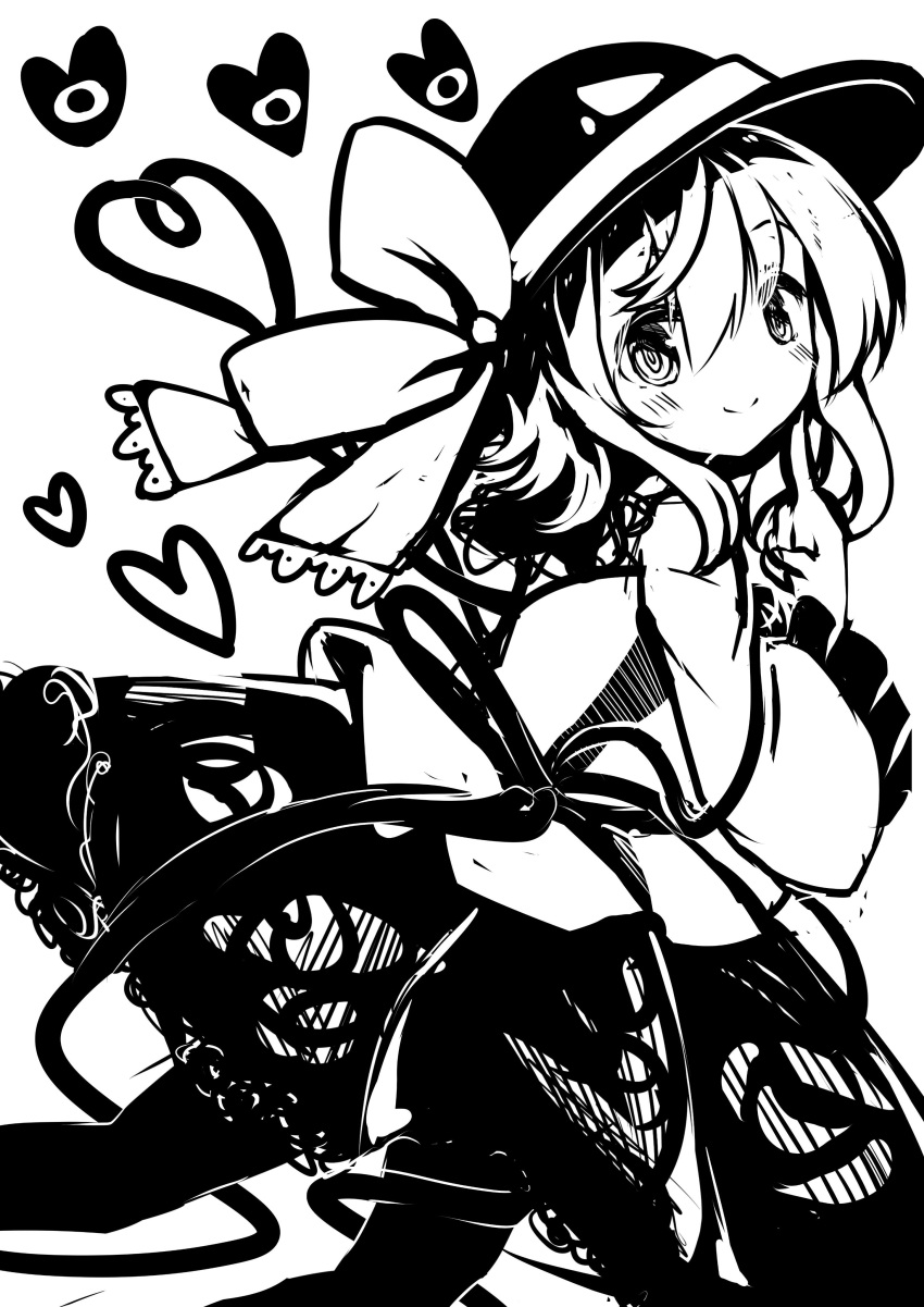 1girl absurdres bangs black_headwear black_legwear blush buttons closed_mouth collared_blouse commentary_request diamond_button eyebrows_visible_through_hair frilled_shirt_collar frilled_sleeves frills greyscale hair_between_eyes hat hat_ribbon heart heart_of_string high_contrast highres komeiji_koishi long_skirt long_sleeves looking_at_viewer medium_hair monochrome pantyhose ribbon rpameri simple_background skirt smile solo third_eye touhou wavy_hair white_background wide_sleeves