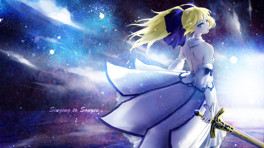 1girl artoria_pendragon_(all) black_bow blonde_hair bow breastplate caliburn dress eyebrows_visible_through_hair fate/grand_order fate/unlimited_codes fate_(series) faulds floating_hair gauntlets green_eyes hair_between_eyes hair_bow highres long_hair looking_at_viewer outdoors petals ponytail saber_lily signature singing_yuxizi sleeveless sleeveless_dress solo standing sword weapon white_dress