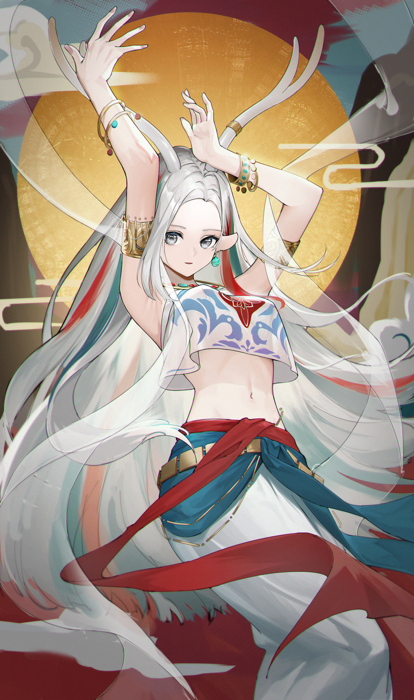 1girl a_deer_of_nine_colors absurdres animal_ears antler_ring antlers arknights armlet armpits arms_up blue_hair bracelet breasts clouds crop_top earrings forehead genera-x grey_eyes highres jewelry long_hair long_skirt looking_at_viewer medium_breasts multicolored_hair navel nine-colored_deer parted_lips redhead see-through shawl silver_hair skirt smile solo stomach sun very_long_hair white_skirt