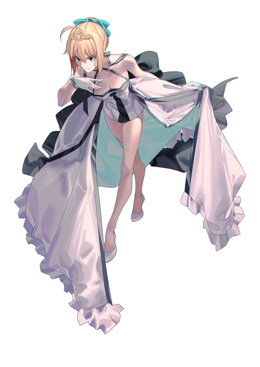 1girl ahoge alternate_costume artoria_pendragon_(fate) bangs bare_shoulders bazett_fraga blonde_hair braid breasts collarbone commentary_request dress eyebrows_visible_through_hair fate/stay_night fate_(series) formal french_braid full_body gloves green_eyes hair_between_eyes hair_ribbon hand_on_own_chest highres jewelry long_dress looking_away ribbon saber short_hair simple_background skirt_hold sleeveless sleeveless_dress small_breasts smile solo strapless strapless_dress tiara white_background white_dress white_footwear white_gloves