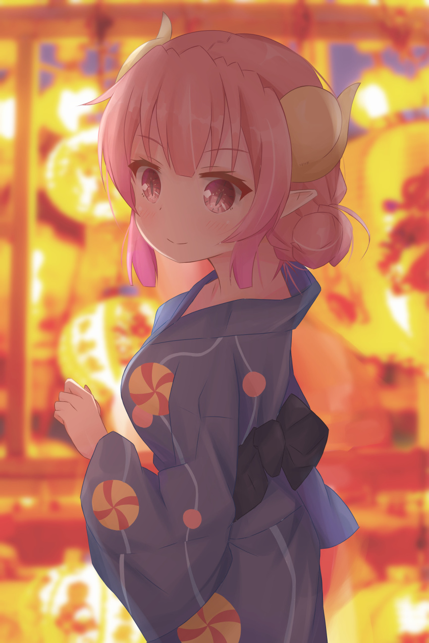 1girl absurdres bangs blush cs4126 dragon_girl dragon_horns eyebrows_visible_through_hair hand_up highres horns ilulu_(maidragon) japanese_clothes kimono kobayashi-san_chi_no_maidragon lantern long_sleeves obi pink_hair pointy_ears print_kimono sash smile solo wide_sleeves