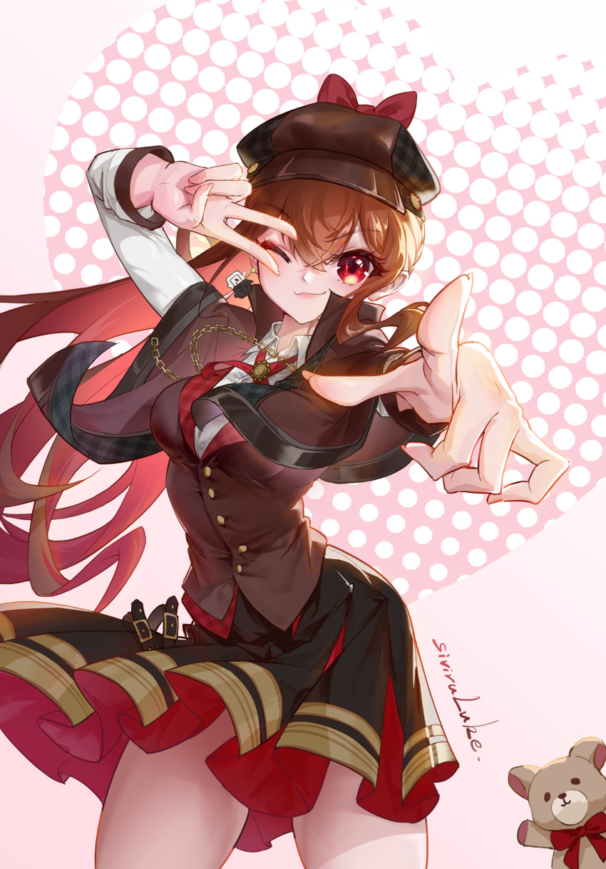 1girl absurdres artist_name bangs black_skirt bow brown_capelet brown_hair brown_headwear brown_jacket capelet chiharu_(virtuareal) chinese_commentary eyebrows_visible_through_hair hat hat_bow highres jacket long_hair looking_at_viewer neck_ribbon nijisanji one_eye_closed pink_background pointing red_bow red_eyes red_ribbon ribbon siviru_luke skirt smile solo stuffed_animal stuffed_toy teddy_bear v virtual_youtuber virtuareal