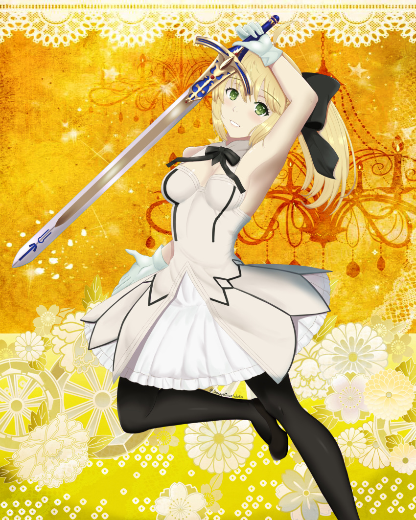 1girl artoria_pendragon_(all) black_bow blonde_hair bow breastplate caliburn dress eyebrows_visible_through_hair fate/grand_order fate/unlimited_codes fate_(series) faulds floating_hair gauntlets green_eyes hair_between_eyes hair_bow highres long_hair looking_at_viewer outdoors petals ponytail saber_lily seraphinae signature sleeveless sleeveless_dress solo standing sword weapon white_dress