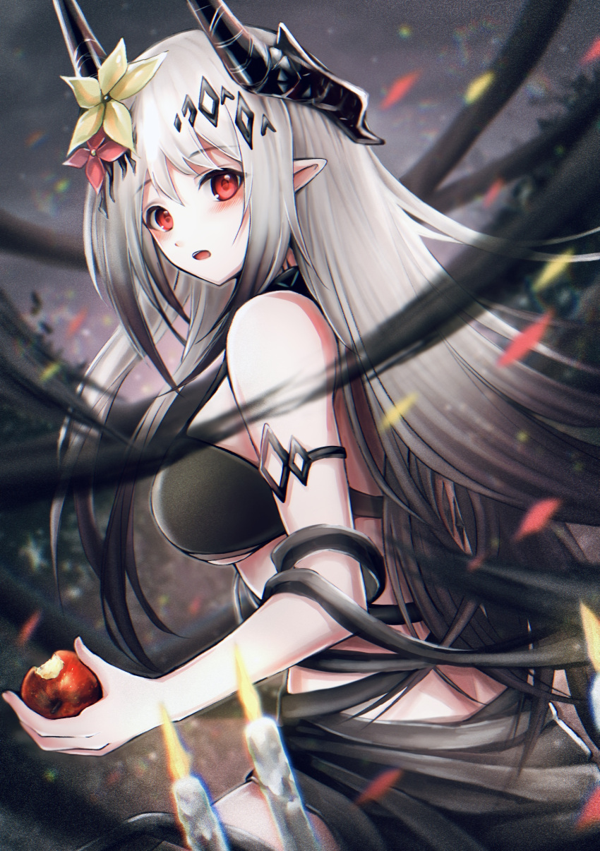 1girl 3_(sanyako1) :o apple arknights armlet bangs bare_shoulders bikini black_bikini black_ribbon blurry blurry_background blurry_foreground blush breasts candle depth_of_field eyebrows_visible_through_hair flower food from_behind fruit hair_flower hair_ornament highres holding holding_food holding_fruit horns large_breasts long_hair looking_at_viewer looking_back mudrock_(arknights) mudrock_(silent_night)_(arknights) official_alternate_costume open_mouth red_eyes red_flower ribbon sarong silver_hair sitting solo swimsuit under_boob very_long_hair yellow_flower