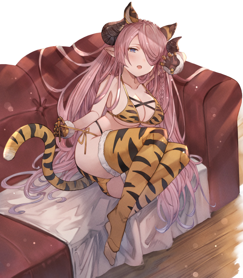 1girl animal_ears animal_print ass ayacho bangs bikini blue_eyes blush braid breasts commentary_request couch draph fake_animal_ears fake_tail full_body fur_trim gloves granblue_fantasy hair_over_one_eye highres horns large_breasts lips long_hair looking_at_viewer narmaya_(granblue_fantasy) open_mouth pink_hair pointy_ears shiny shiny_hair simple_background sitting swimsuit tail thigh-highs thighs tied_hair tiger_print