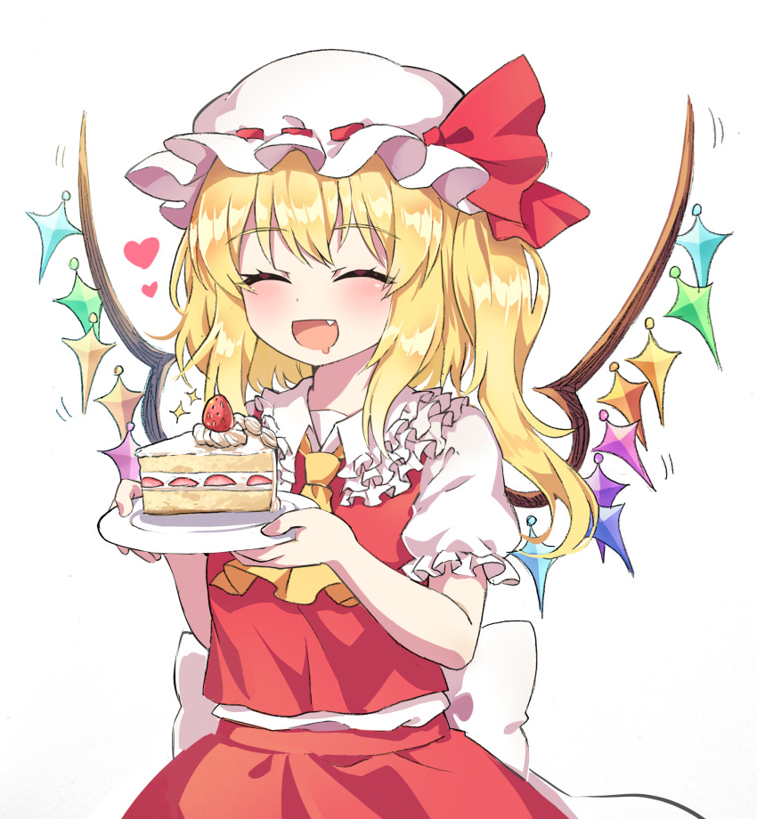 1girl :d ^_^ absurdres ascot bangs blonde_hair blush bow cake cake_slice caramell0501 closed_eyes collared_shirt crystal drooling eighth_note eyebrows_visible_through_hair fang flandre_scarlet food frilled_shirt_collar frills fruit hat hat_bow highres holding holding_plate long_hair mob_cap mouth_drool musical_note one_side_up open_mouth plate puffy_short_sleeves puffy_sleeves red_bow red_skirt red_vest redrawn shirt short_sleeves simple_background skirt smile solo strawberry touhou vest white_background white_headwear white_shirt wings yellow_ascot