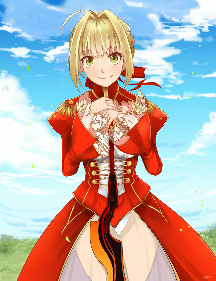 1girl aestus_estus ahoge avalon_(pixiv5314848) blonde_hair blurry braid breasts cleavage commentary_request corset dress epaulettes fate/extra fate/grand_order fate_(series) flower french_braid green_eyes hair_flower hair_intakes hair_ornament hair_ribbon highres juliet_sleeves large_breasts long_sleeves looking_at_viewer nero_claudius_(fate) nero_claudius_(fate)_(all) ocean petals puffy_sleeves red_dress red_ribbon ribbon saber_extra see-through short_hair smile solo wide_sleeves