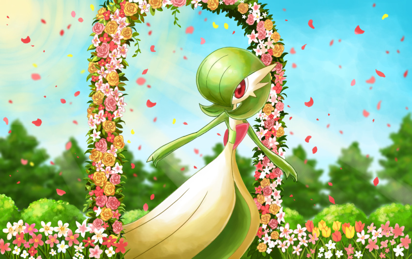arch chachahara_ai colored_skin commentary_request day flower gardevoir green_hair outdoors petals pokemon pokemon_(creature) red_eyes sky solo standing white_flower white_skin yellow_flower