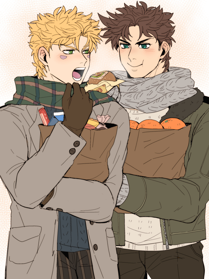 2boys absurdres bag battle_tendency bloody_stream blue_eyes brown_hair burger caesar_anthonio_zeppeli coat eating facial_mark feather_hair_ornament feathers fingerless_gloves food fruit gloves grocery_bag hair_ornament highres hood hoodie jojo_no_kimyou_na_bouken male_focus multiple_boys orange_(fruit) plaid plaid_scarf sachiko_(rinana239) scarf shopping_bag triangle_print winter_clothes