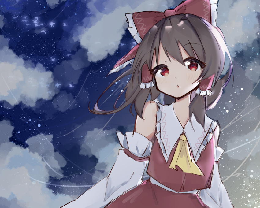 1girl absurdres ascot bangs bare_shoulders blue_sky blush bow brown_hair clouds cloudy_sky collar collared_shirt commentary_request detached_sleeves eyebrows_visible_through_hair eyes_visible_through_hair frills gradient gradient_sky hair_between_eyes hair_ornament hair_tubes hakurei_reimu highres kiri_y long_sleeves looking_at_viewer moonlight night night_sky open_mouth red_bow red_eyes red_skirt red_vest shadow shirt short_hair skirt sky solo standing star_(sky) starry_sky touhou vest white_shirt wide_sleeves yellow_ascot