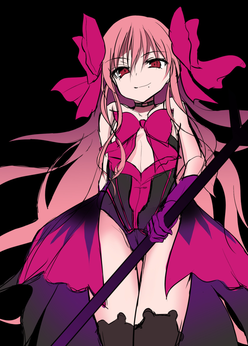 1girl bangs bare_shoulders black_background black_legwear black_leotard bow brown_hair closed_mouth collarbone dead_apostle_noel_(tsukihime) eyebrows_visible_through_hair gloves hair_between_eyes highres holding l-trap leotard long_hair looking_at_viewer mole mole_under_mouth pink_bow purple_gloves red_eyes simple_background smile solo thigh-highs tsukihime tsukihime_(remake) very_long_hair