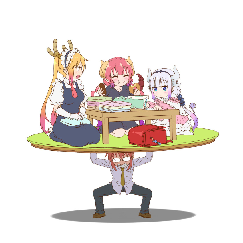 4girls backpack bag bangs black_dress black_pants blonde_hair blush breast_pocket brown_footwear closed_eyes collared_shirt doughnut dragon_girl dragon_horns dragon_tail dress food glasses gradient_hair highres horns ilulu_(maidragon) kagero_(plusup) kanna_kamui kobayashi-san_chi_no_maidragon kobayashi_(maidragon) long_sleeves multicolored_hair multiple_girls no_nose pants pinafore_dress pink_hair pocket purple_hair randoseru red_bag shadow shirt shoes short_sleeves simple_background smile table tail tohru_(maidragon) white_background white_hair white_horns white_shirt yellow_horns