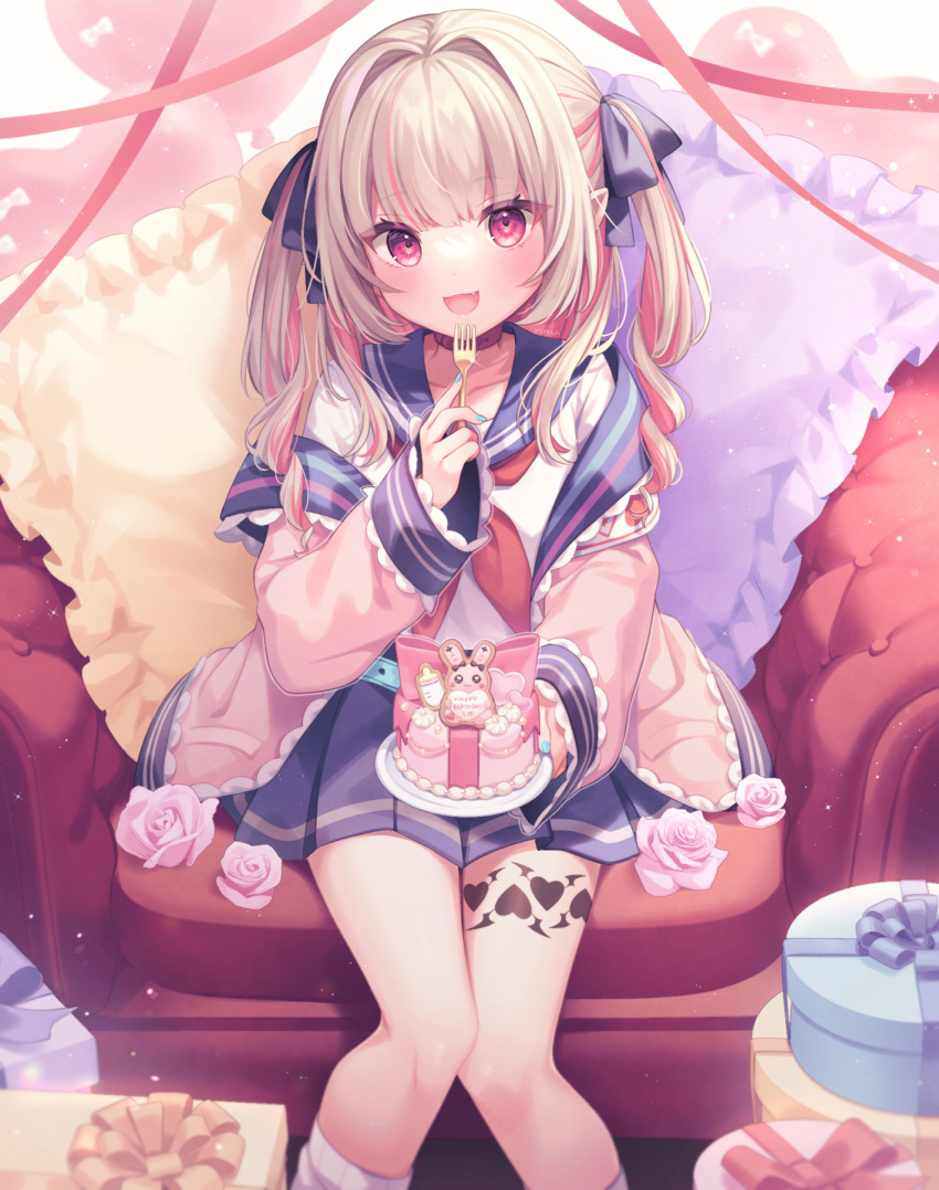 1girl :d armchair bangs black_bow blue_sailor_collar blue_skirt bow box brown_hair cake chair commentary eyebrows_visible_through_hair feet_out_of_frame food fork frilled_pillow frills gift gift_box hair_bow hair_intakes heart highres holding holding_fork jacket knees_together_feet_apart komachi_pochi long_hair long_sleeves loose_socks makaino_ririmu multicolored_hair nijisanji off_shoulder on_chair open_clothes open_jacket pillow pink_jacket pleated_skirt red_eyes redhead sailor_collar shirt sitting skirt sleeves_past_wrists smile solo streaked_hair symbol-only_commentary two-tone_hair two_side_up virtual_youtuber white_legwear white_shirt