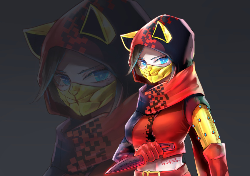 1girl animal_hood apex_legends black_hair cat_hood chinese_commentary covered_mouth glowing glowing_eyes grey_background hellcat_wraith highres holding holding_knife hood hood_up hooded_jacket jacket knife looking_at_viewer official_alternate_costume red_jacket red_scarf scarf solo wraith's_kunai wraith_(apex_legends) xiaoye_ju_er zoom_layer
