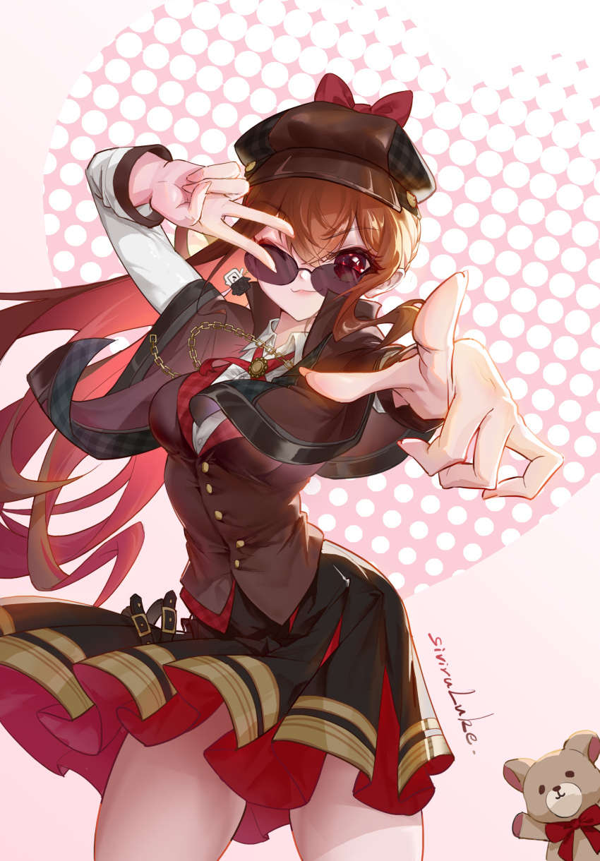 1girl absurdres artist_name bangs black_skirt bow brown_capelet brown_hair brown_headwear brown_jacket capelet chiharu_(virtuareal) chinese_commentary eyebrows_visible_through_hair hat hat_bow highres jacket long_hair looking_at_viewer neck_ribbon nijisanji one_eye_closed pink_background pointing red_bow red_eyes red_ribbon ribbon siviru_luke skirt smile solo stuffed_animal stuffed_toy sunglasses teddy_bear v virtual_youtuber virtuareal