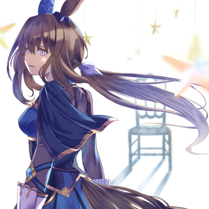1girl admire_vega_(umamusume) animal_ears black_legwear boots brown_hair commentary_request hair_ribbon high_heel_boots high_heels highres horse_ears horse_girl horse_tail juliet_sleeves long_hair long_sleeves looking_at_viewer low_ponytail miniskirt murazo0606 pantyhose pleated_skirt puffy_sleeves ribbon single_ear_cover sitting solo tail thigh_strap umamusume violet_eyes white_ribbon