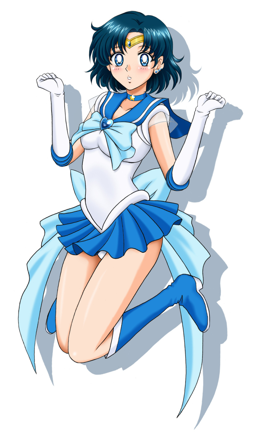 1girl absurdres back_bow bishoujo_senshi_sailor_moon black_hair blue_choker blue_eyes blue_footwear blush boots bow breasts brooch choker circlet collarbone earrings elbow_gloves eyebrows gloves heart heart_choker highres inner_senshi jewelry jumping leotard miniskirt mizuno_ami pleated_skirt sailor_collar sailor_mercury sailor_senshi sailor_senshi_uniform shadow short_hair simple_background skirt small_breasts solo soukichi star_(symbol) star_choker super_sailor_mercury white_background white_gloves white_leotard