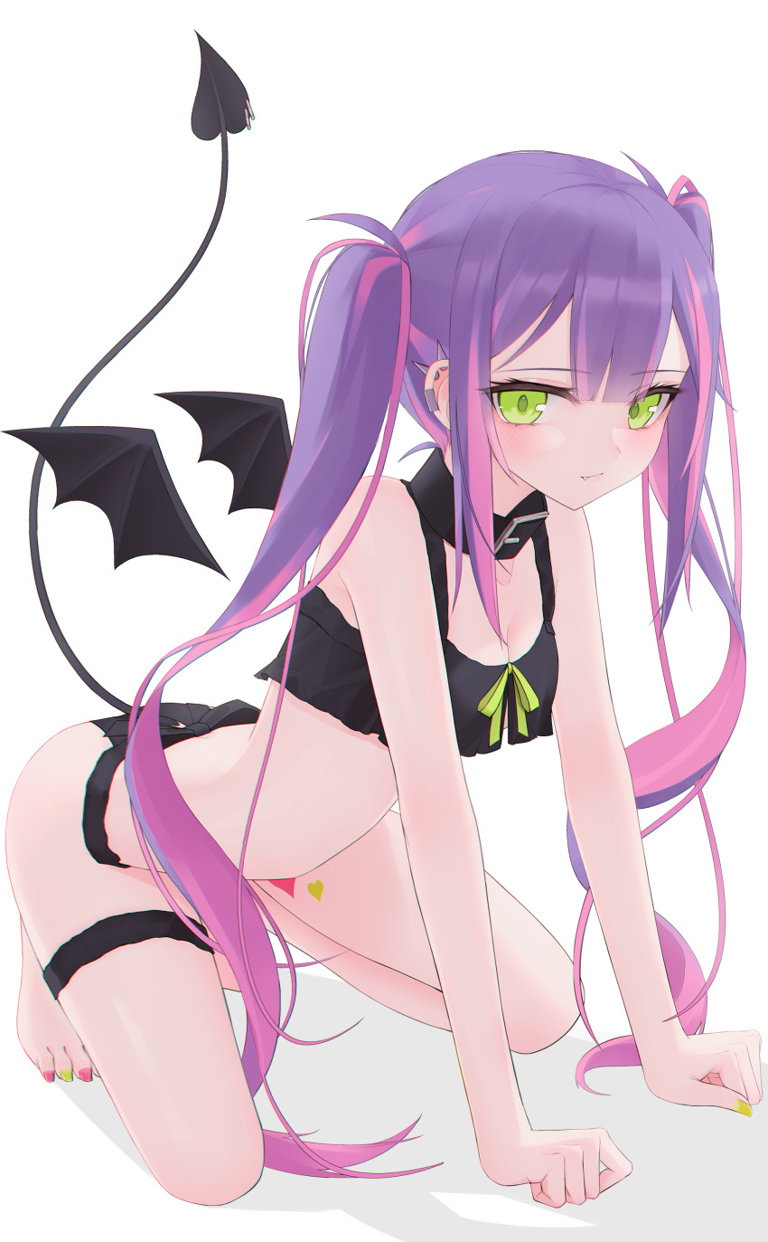 1girl absurdres arm_support bangs bare_arms barefoot black_collar black_panties collar commentary_request crop_top demon_tail demon_wings detached_wings ear_piercing eyebrows_visible_through_hair fang fang_out full_body green_eyes green_nails green_ribbon highres hololive long_hair looking_at_viewer multicolored_hair multicolored_nails nail_polish panties piercing pink_hair pink_nails purple_hair ribbon simple_background solo tail thigh_strap thomas_8000 toenail_polish toenails tokoyami_towa twintails two-tone_hair underwear very_long_hair virtual_youtuber white_background wings
