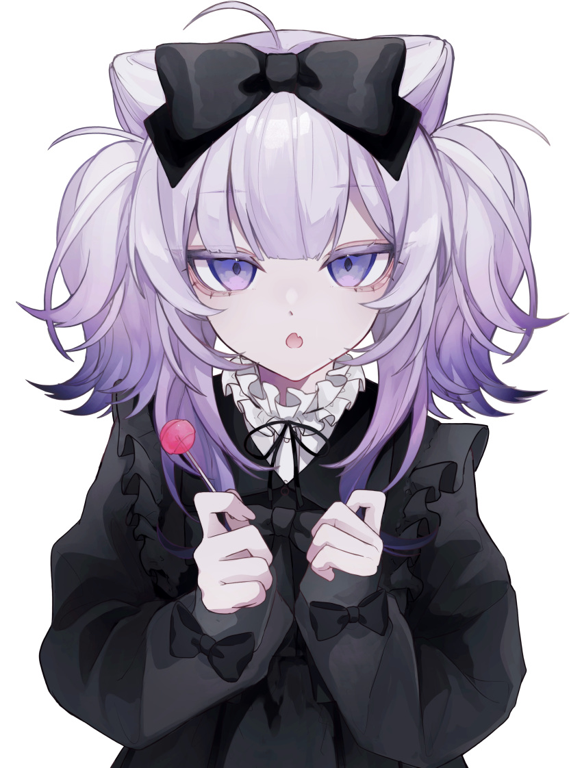 1girl 402_(o0_xxx) absurdres black_theme bow candy colored_tips dress food gothic highres lollipop long_sleeves multicolored_hair original pale_skin purple_hair ribbon twintails violet_eyes white_hair