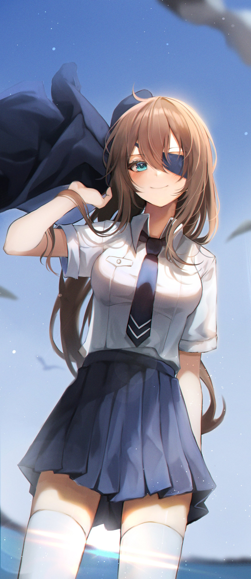 1girl absurdres blue_eyes blue_necktie blue_skirt blue_sky blush breasts brown_hair closed_mouth collared_shirt commentary_request day duyu eyepatch from_below hair_between_eyes hand_up highres holding holding_clothes holding_jacket jacket jacket_removed long_hair looking_at_viewer medium_breasts necktie original outdoors pleated_skirt revision shirt short_sleeves skirt sky smile solo thigh-highs white_legwear white_shirt